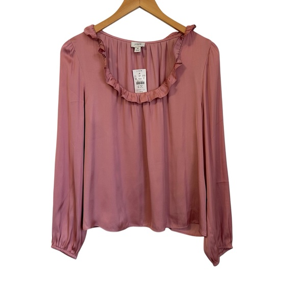 J. Crew Factory Womens Ruffled Neck Long Sleeve Top Sz Medium Pink Satin - Picture 1 of 6